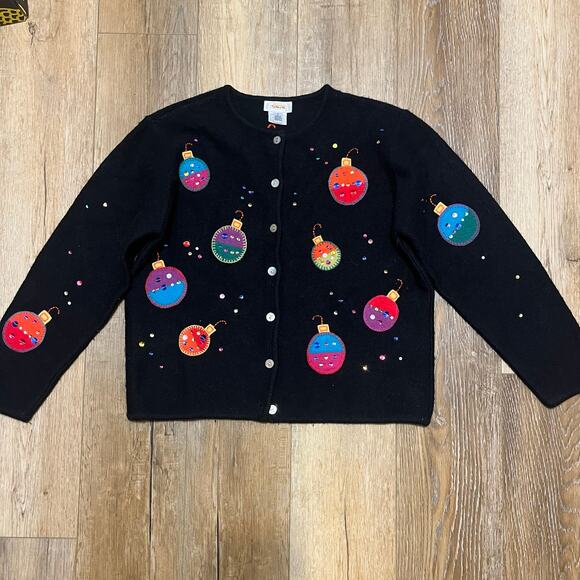 Vtg Talbots 100% Wool Holiday Cardigan Sweater L Embroidered Granny Kitsch Retro - Picture 1 of 10